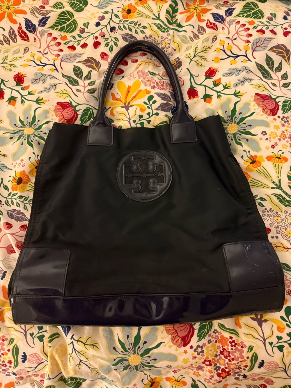 Tory Burch Navy Nylon Tote with Logo Medallion